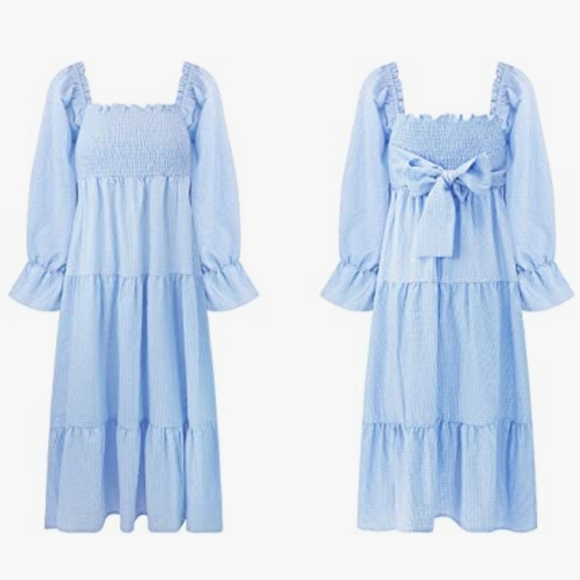 R.Vivimos Dresses & Skirts - R.Vivimos Women's Summer Cotton Plaid Puff Sleeves Bow Casual Off-Shoulder Dress